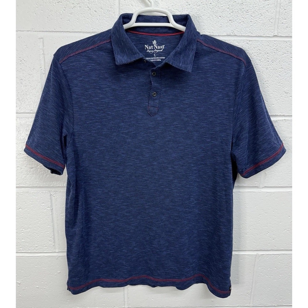 Nat Nast Mens Sz Large Polo Shirt Dark‎ Blue Short Sleeve 3 Button Red Stitching